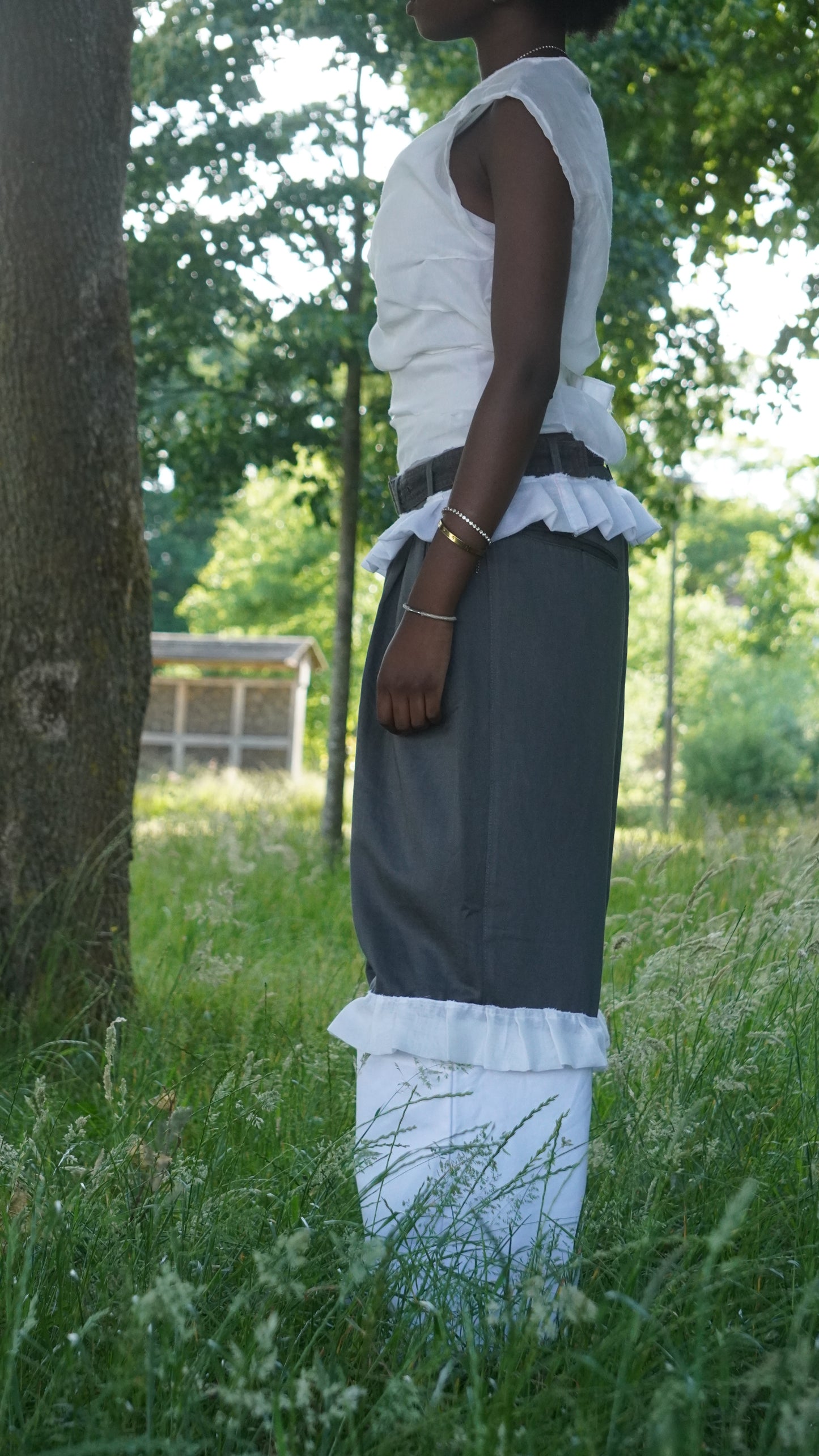 Contrast Panel Pants with Ruffle Trim