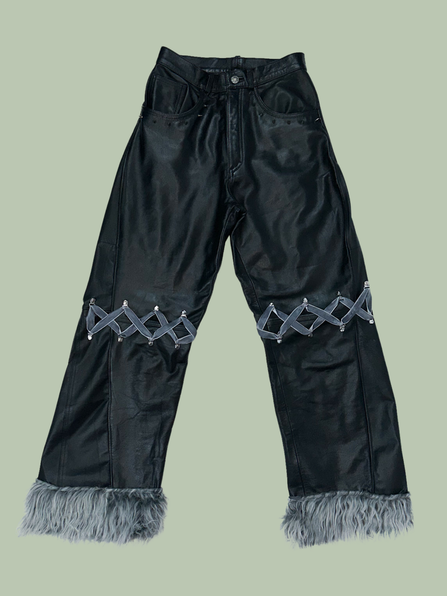 Faux Leather Wide-Leg Pants with Fur Trim