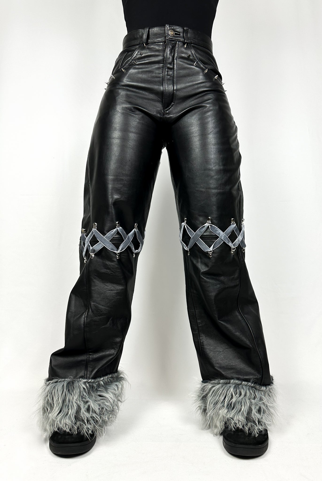 Faux Leather Wide-Leg Pants with Fur Trim