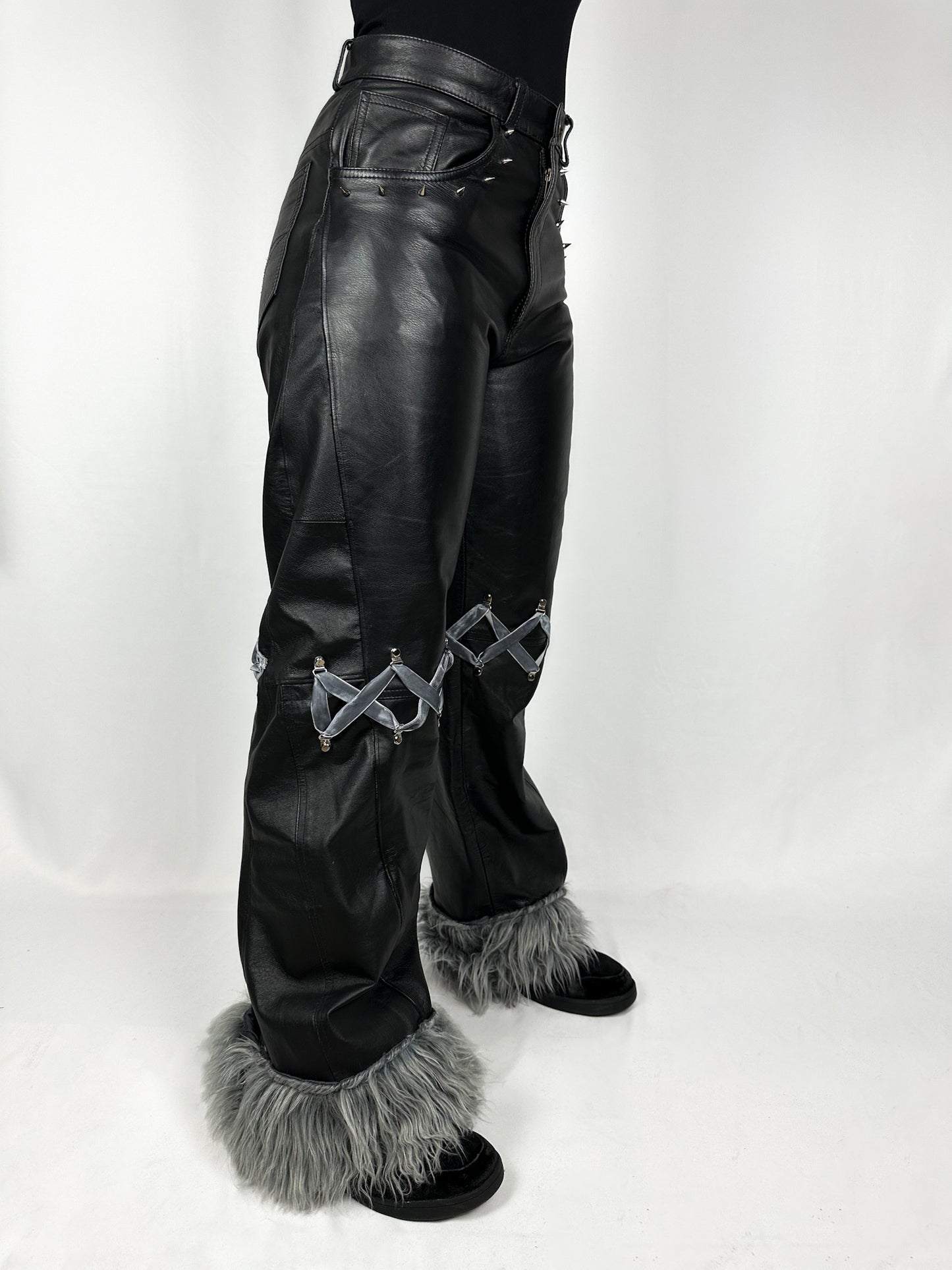 Faux Leather Wide-Leg Pants with Fur Trim