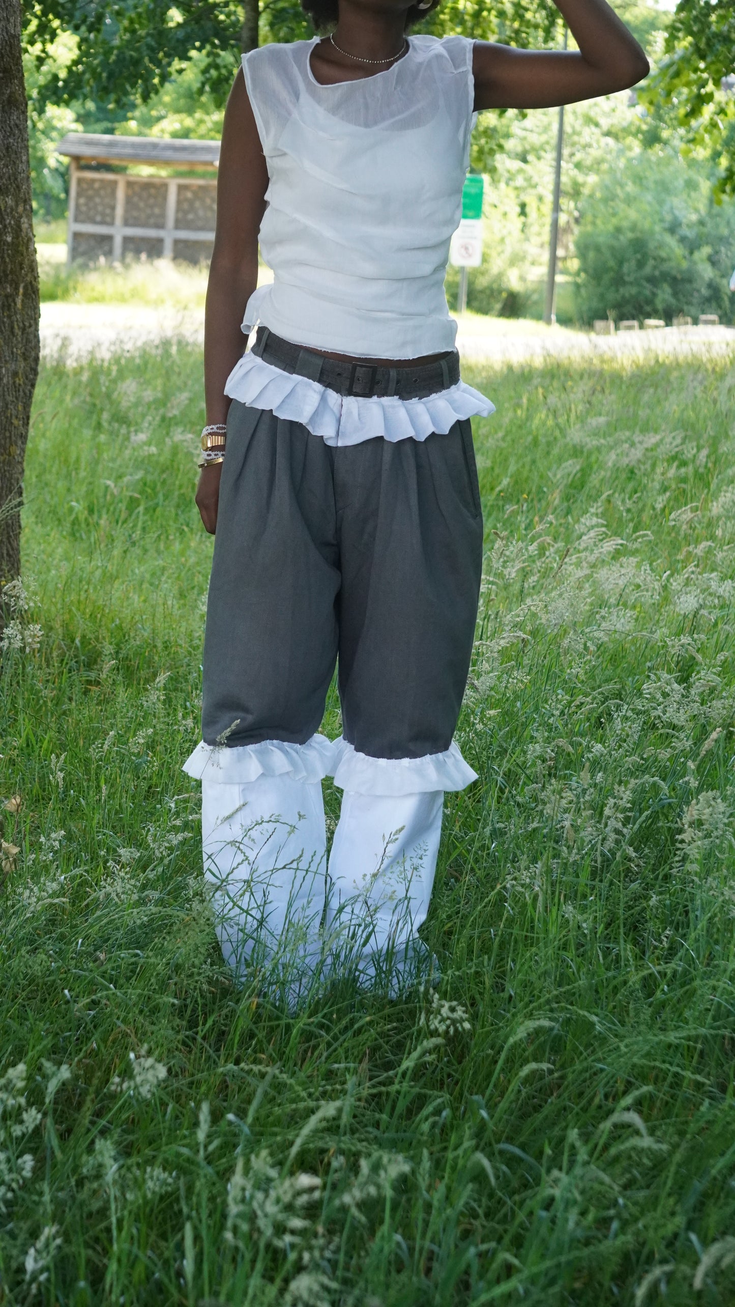 Contrast Panel Pants with Ruffle Trim