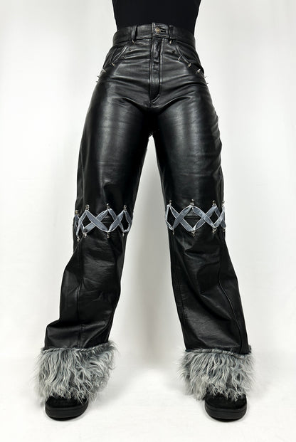 Faux Leather Wide-Leg Pants with Fur Trim