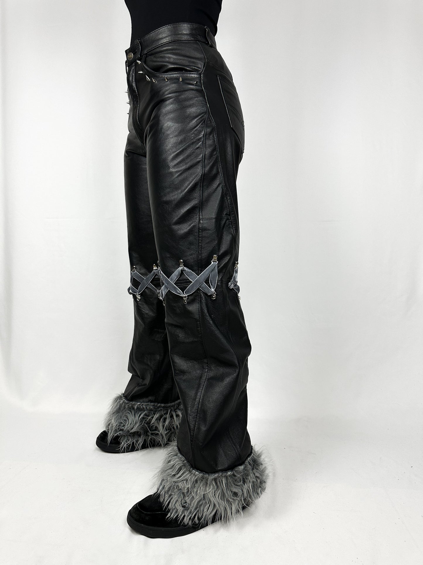 Faux Leather Wide-Leg Pants with Fur Trim