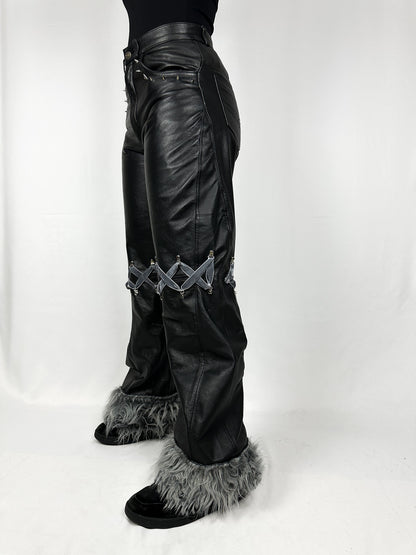 Faux Leather Wide-Leg Pants with Fur Trim