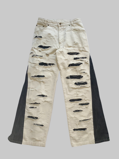 Contrast Panel Distressed Denim Pants