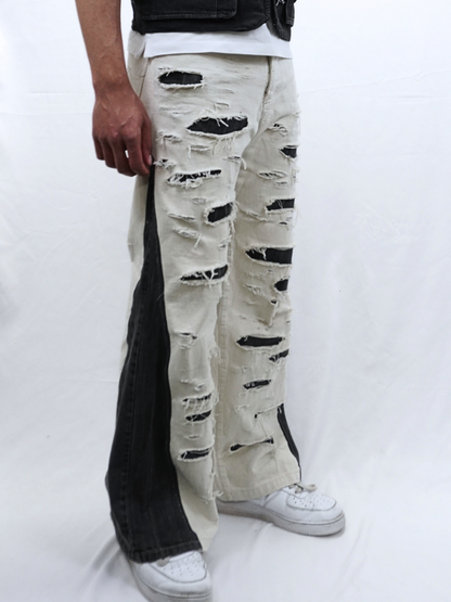 Contrast Panel Distressed Denim Pants