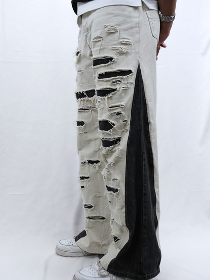 Contrast Panel Distressed Denim Pants