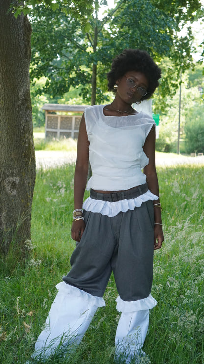 Contrast Panel Pants with Ruffle Trim