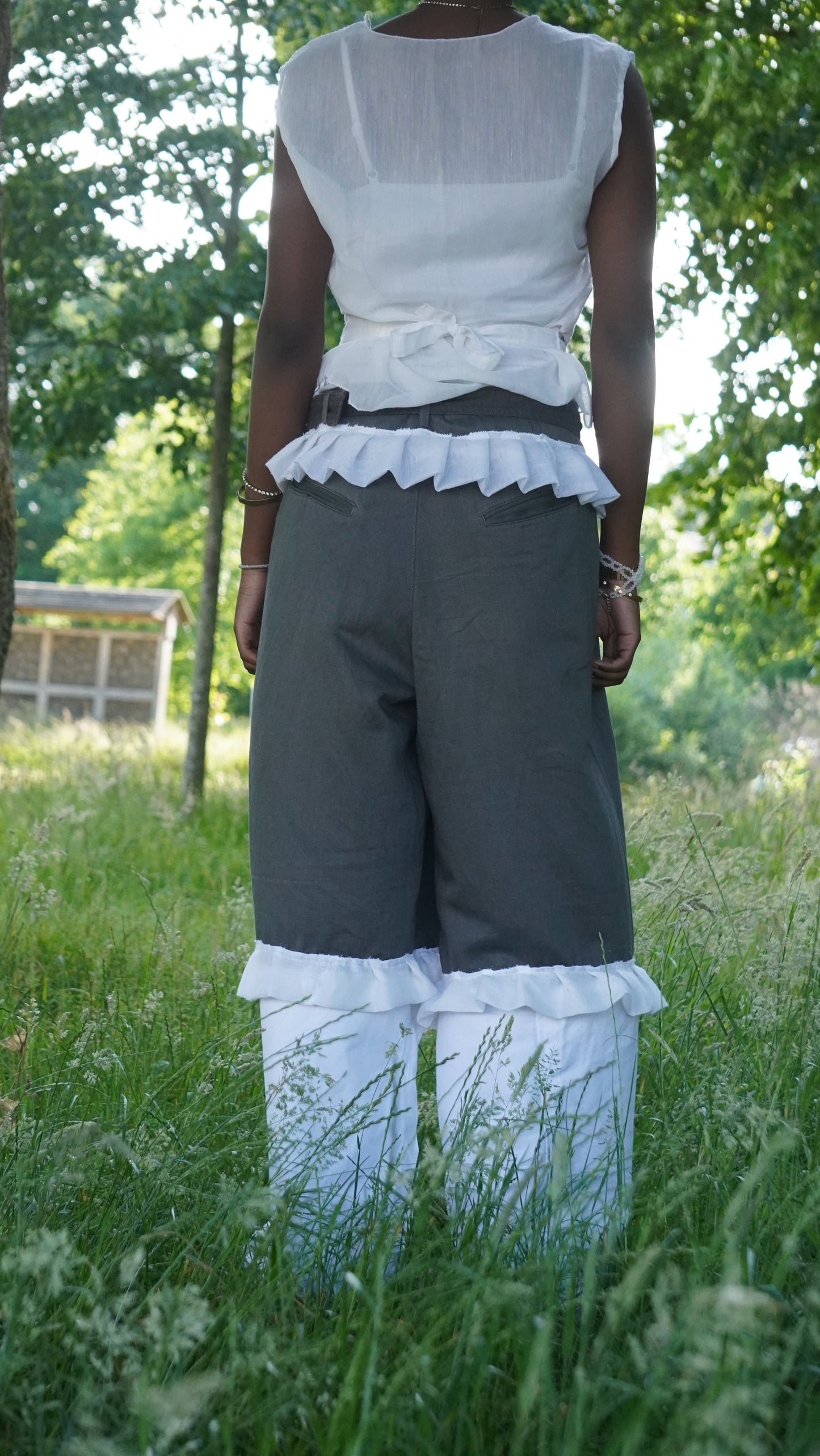 Contrast Panel Pants with Ruffle Trim