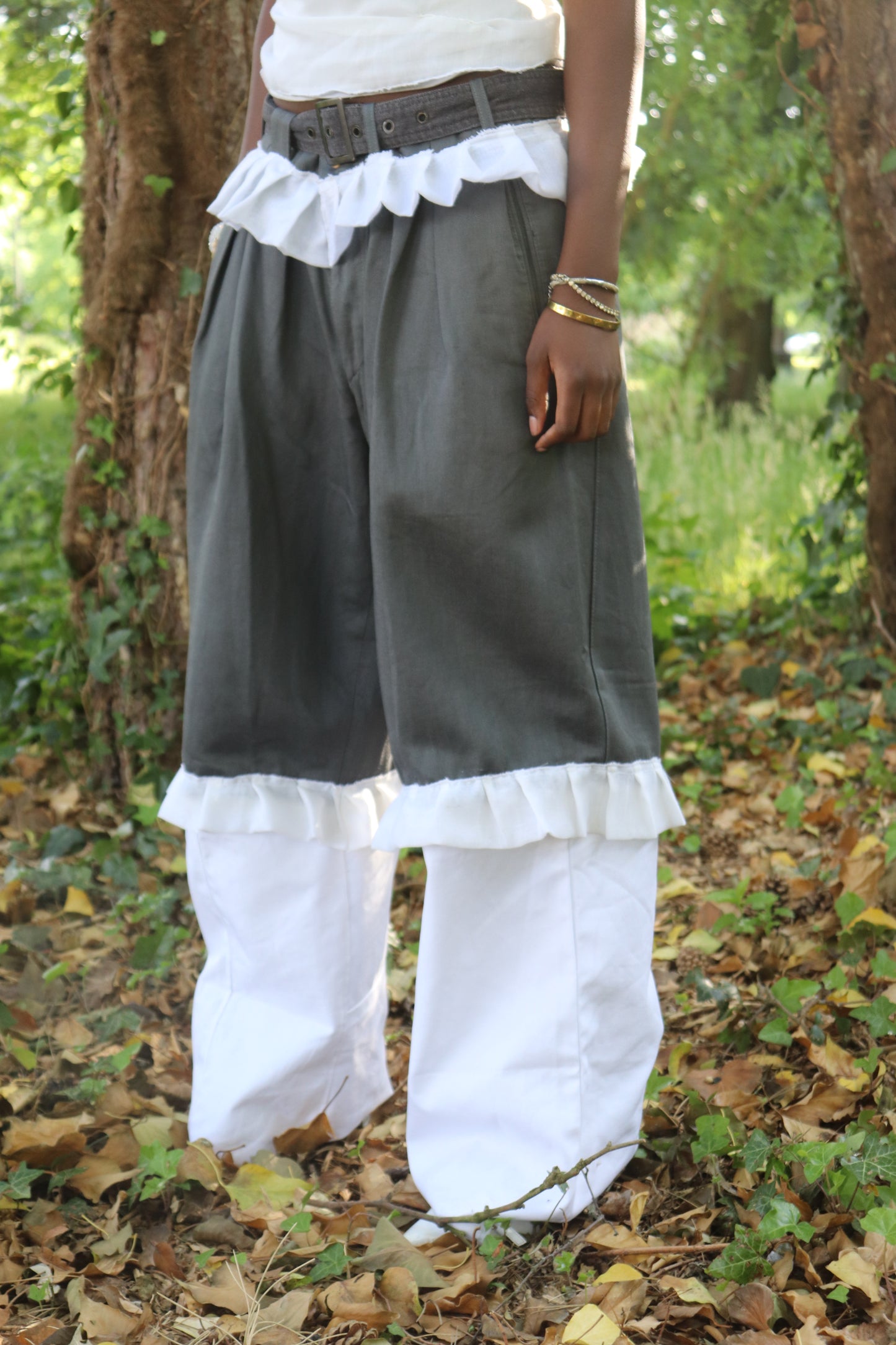 Contrast Panel Pants with Ruffle Trim